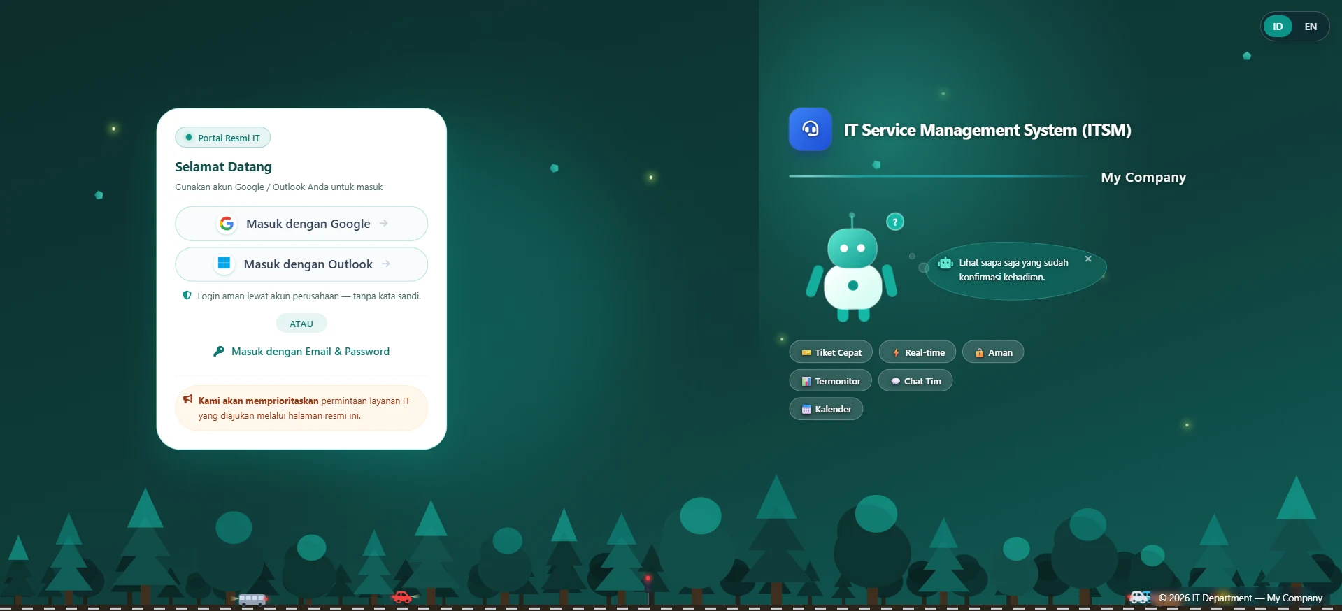 Halaman masuk portal ITSM dengan login Google atau Outlook