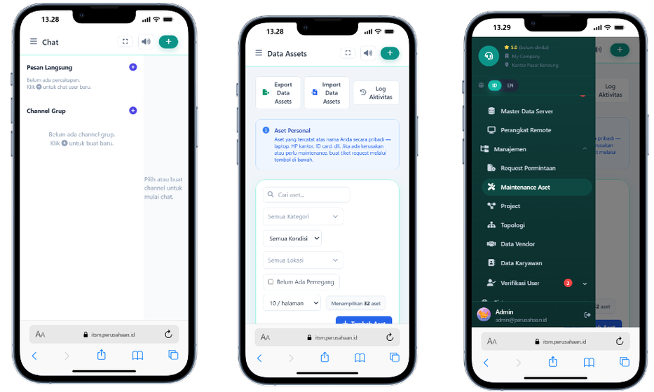 Tampilan ITSM di ponsel: chat, data aset, dan menu navigasi
