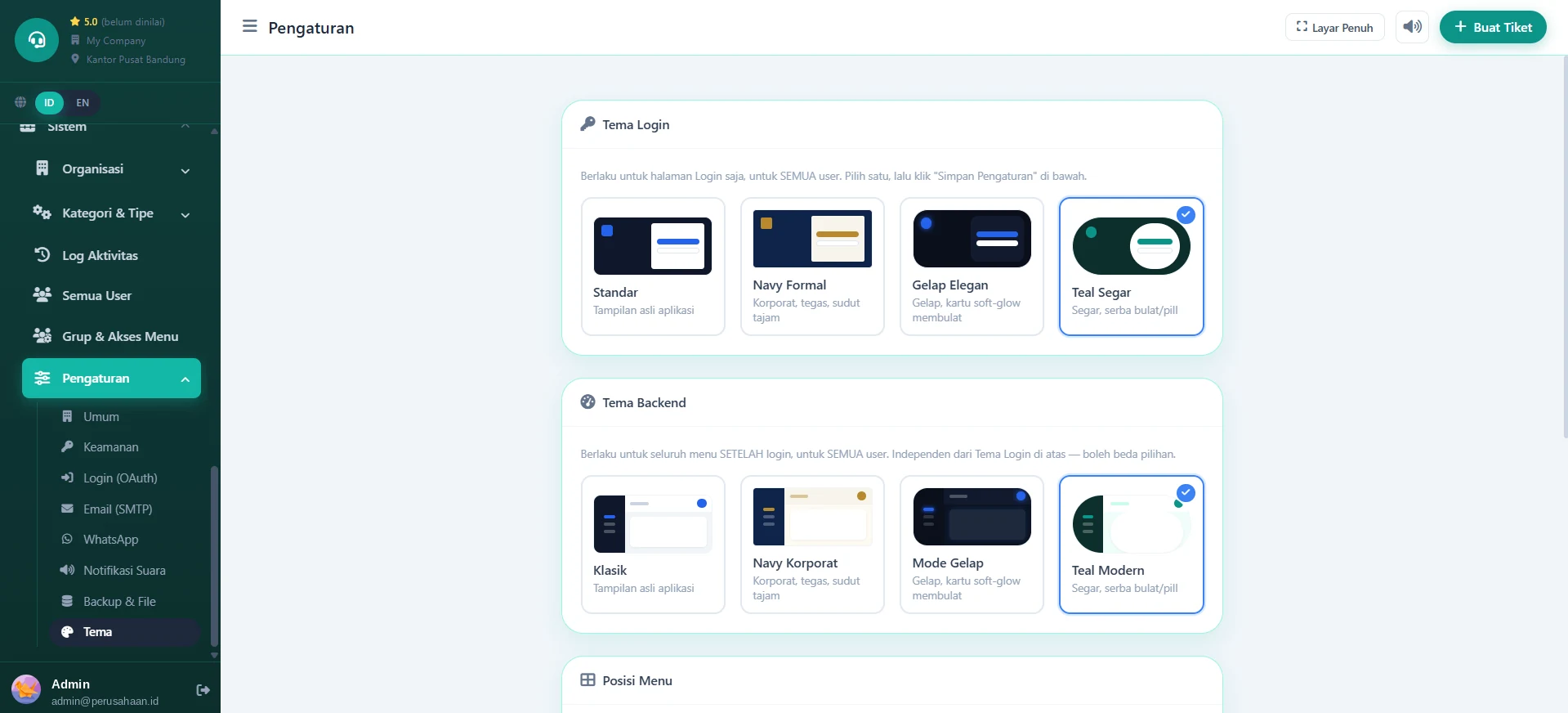 Pengaturan tema tampilan login dan backend