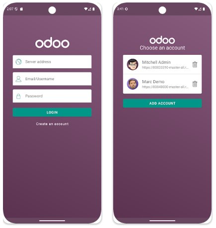 Aplikasi mobile Odoo: login dan pilihan akun