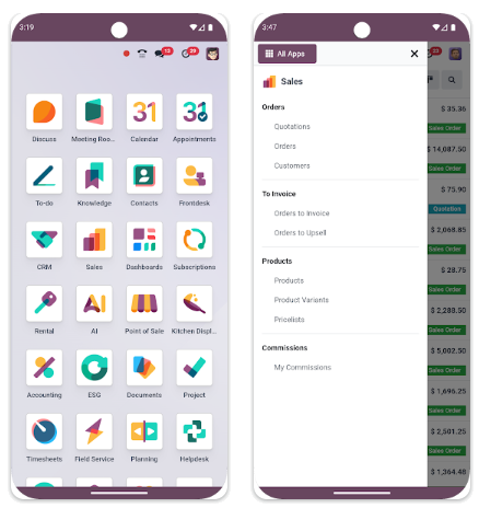 Aplikasi mobile Odoo: modul dan menu navigasi