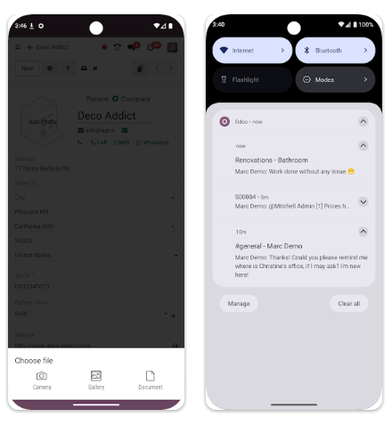 Aplikasi mobile Odoo: unggah berkas dan notifikasi